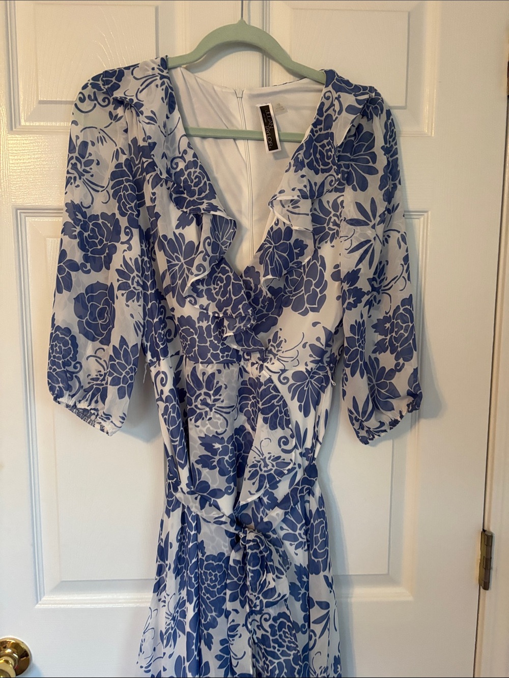 Julian Taylor White Dress with Blue Floral Print